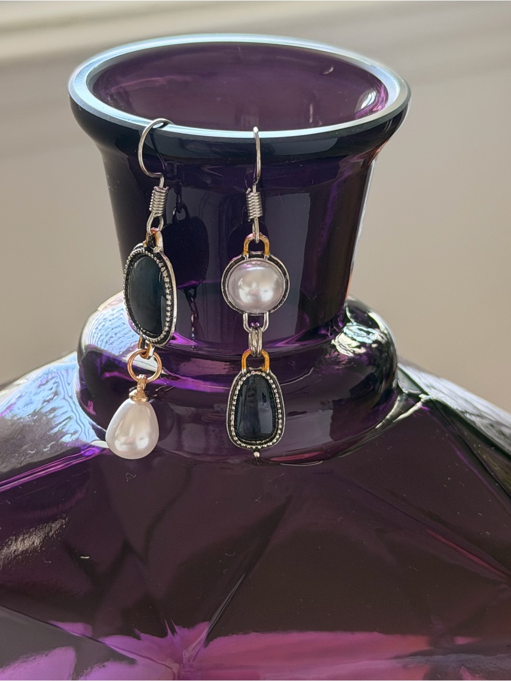 Asymmetrical Navy Blue and Pearl Drop Earrings